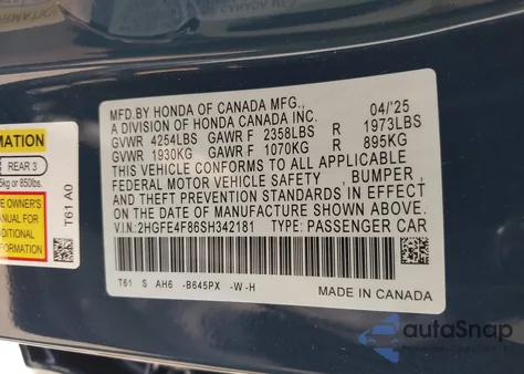 2025 Honda Civic Hybrid from USA, damaged, VIN 2HGFE4F86SH342181